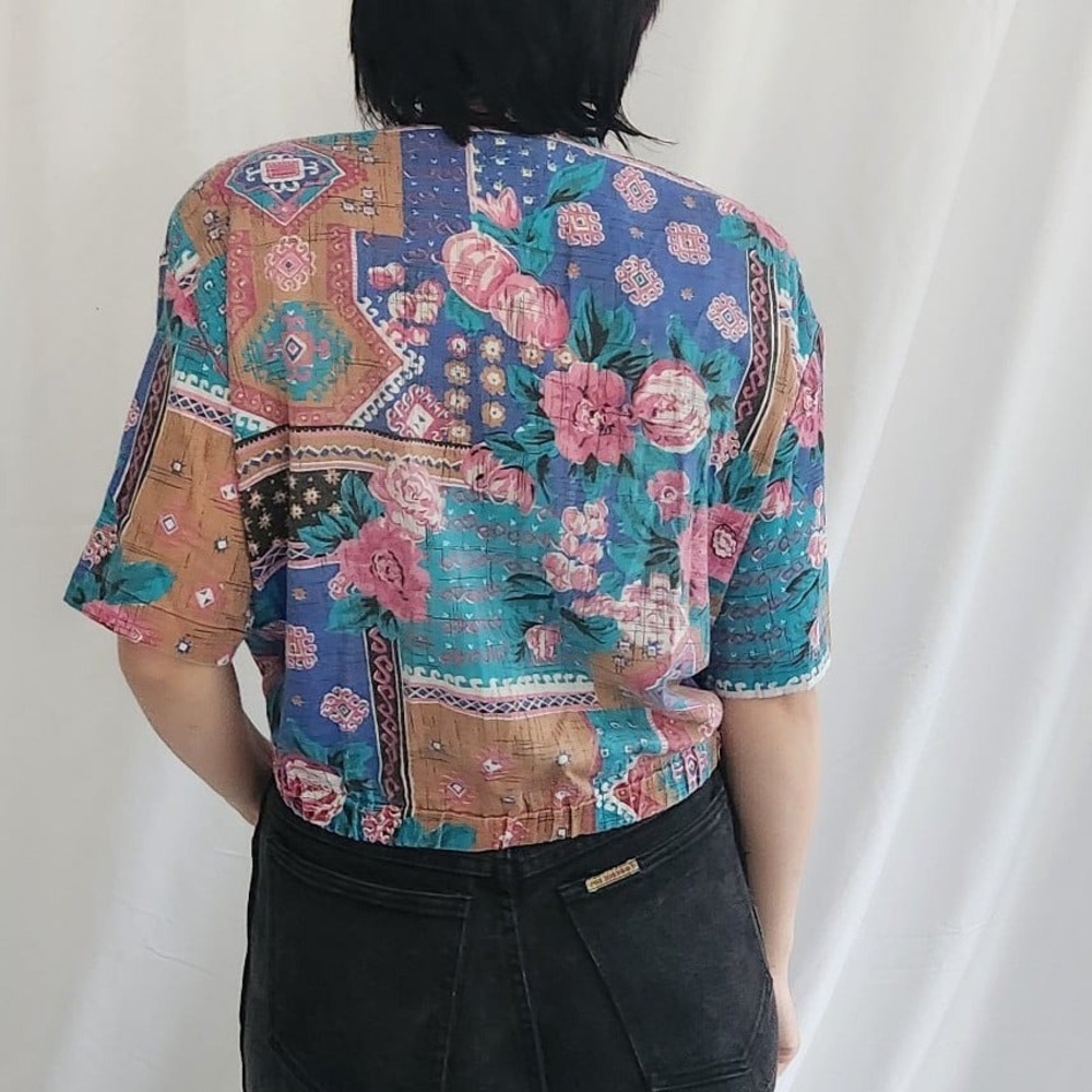 80s Floral Printed Patchwork Top - image 3